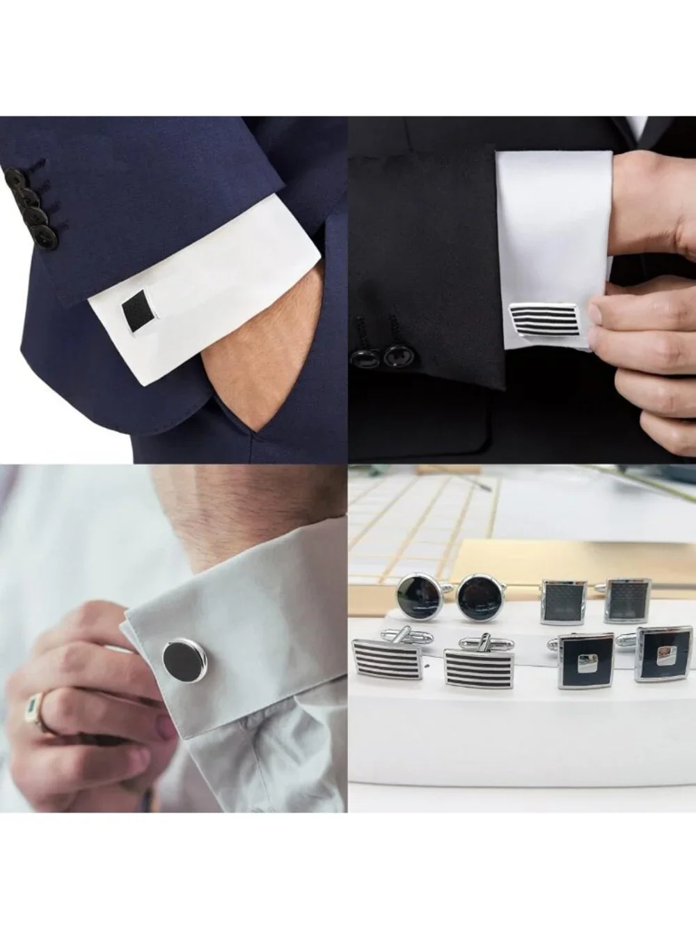 Classic Tone Cufflinks for Men - 12 Pairs Silver & Black Striped Disc & Square